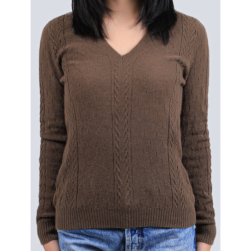 Women's Yak Wool V Neck Sweater - Cable Knit
