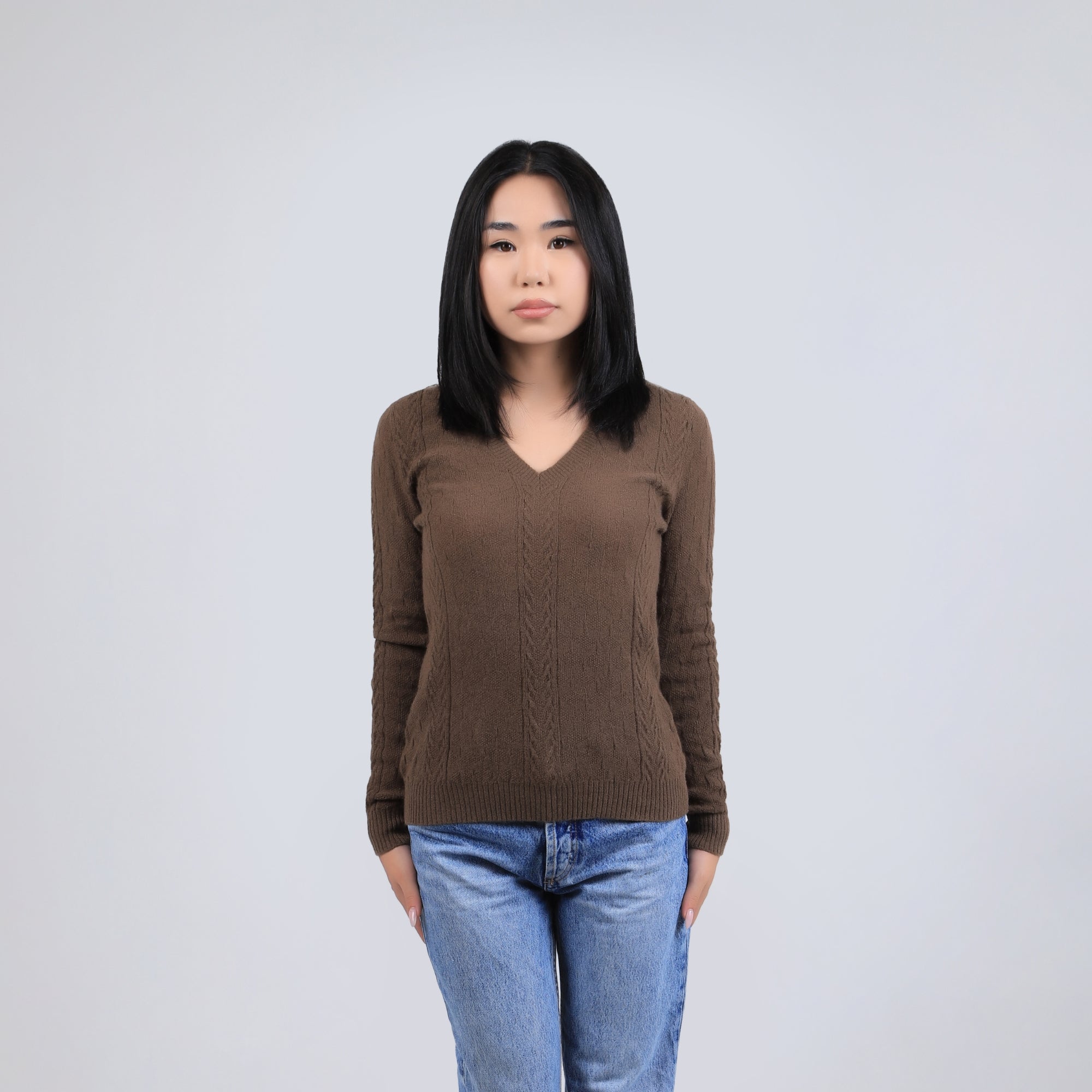 Cable Knit V Neck Wool Sweater