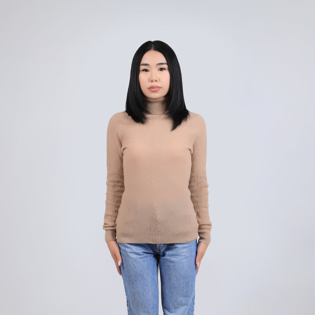 Cable Knit Camel Wool Turtleneck Sweater