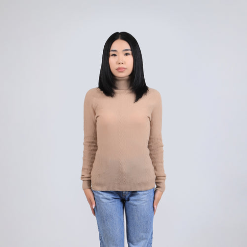 Women's Camel Wool Turtleneck Sweater – Cable Knit