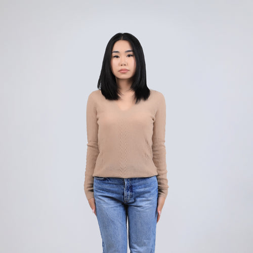 Women's Camel Wool V Neck Sweater - Cable Knit