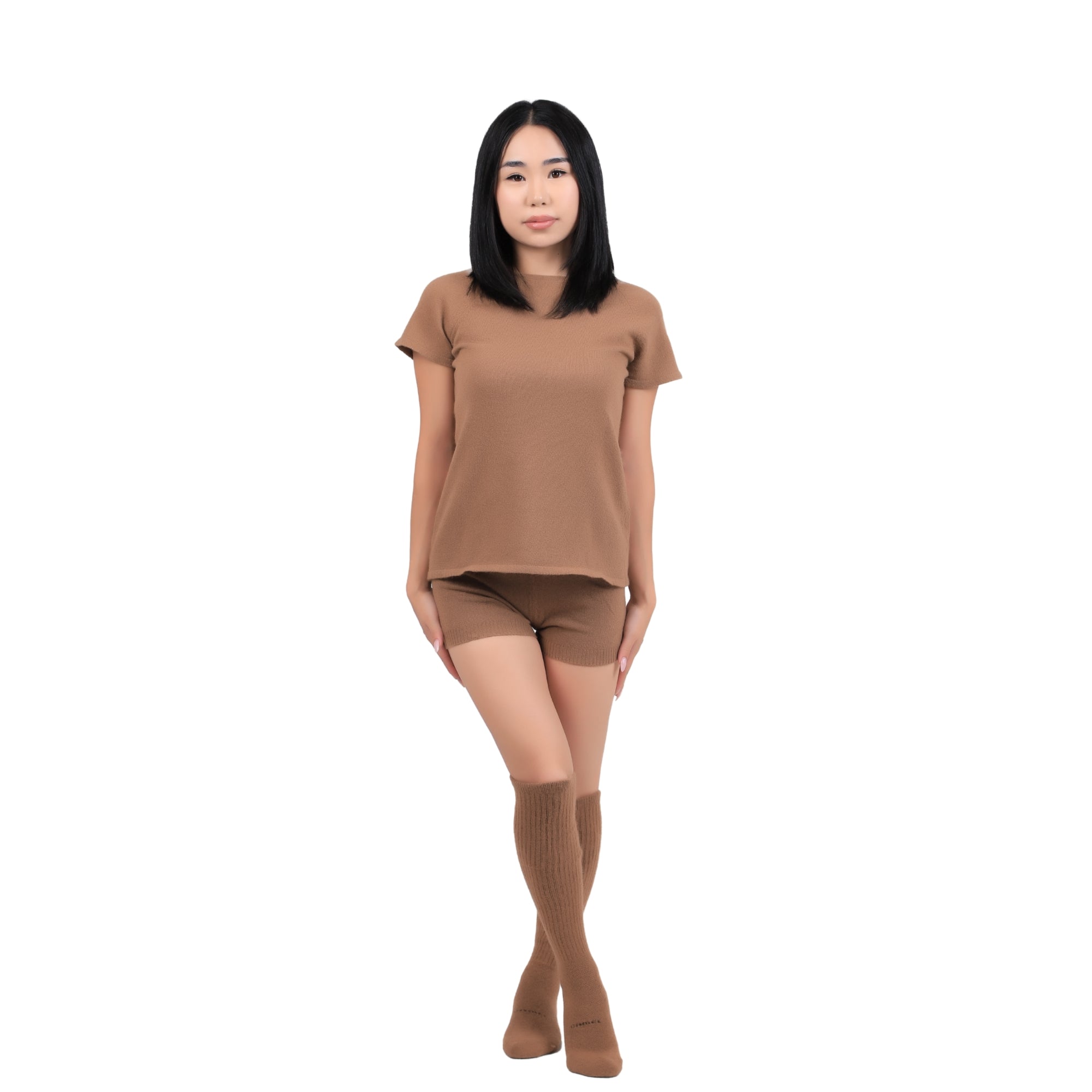 Short-Sleeve Knit Camel Wool Top