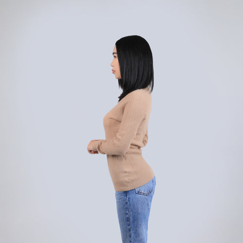 Women's Camel Wool Turtleneck Sweater – Cable Knit