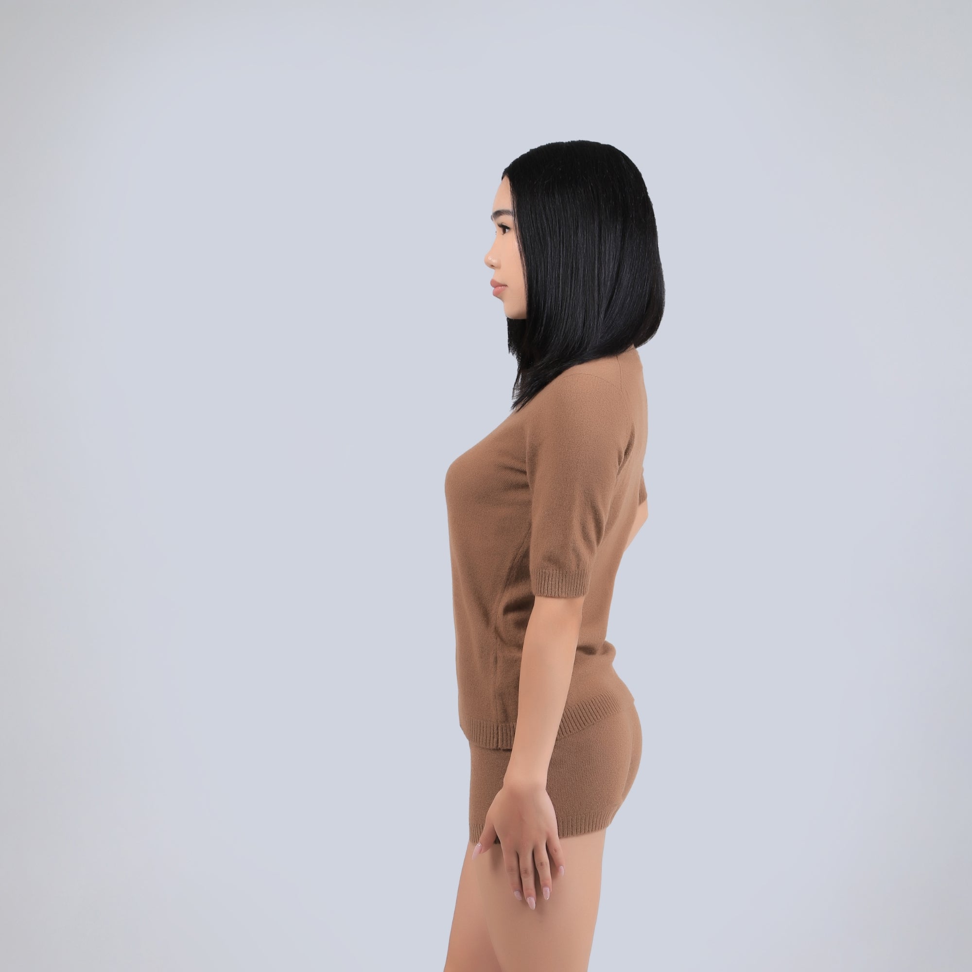 Short-Sleeved Camel Wool Turtleneck Knit Top