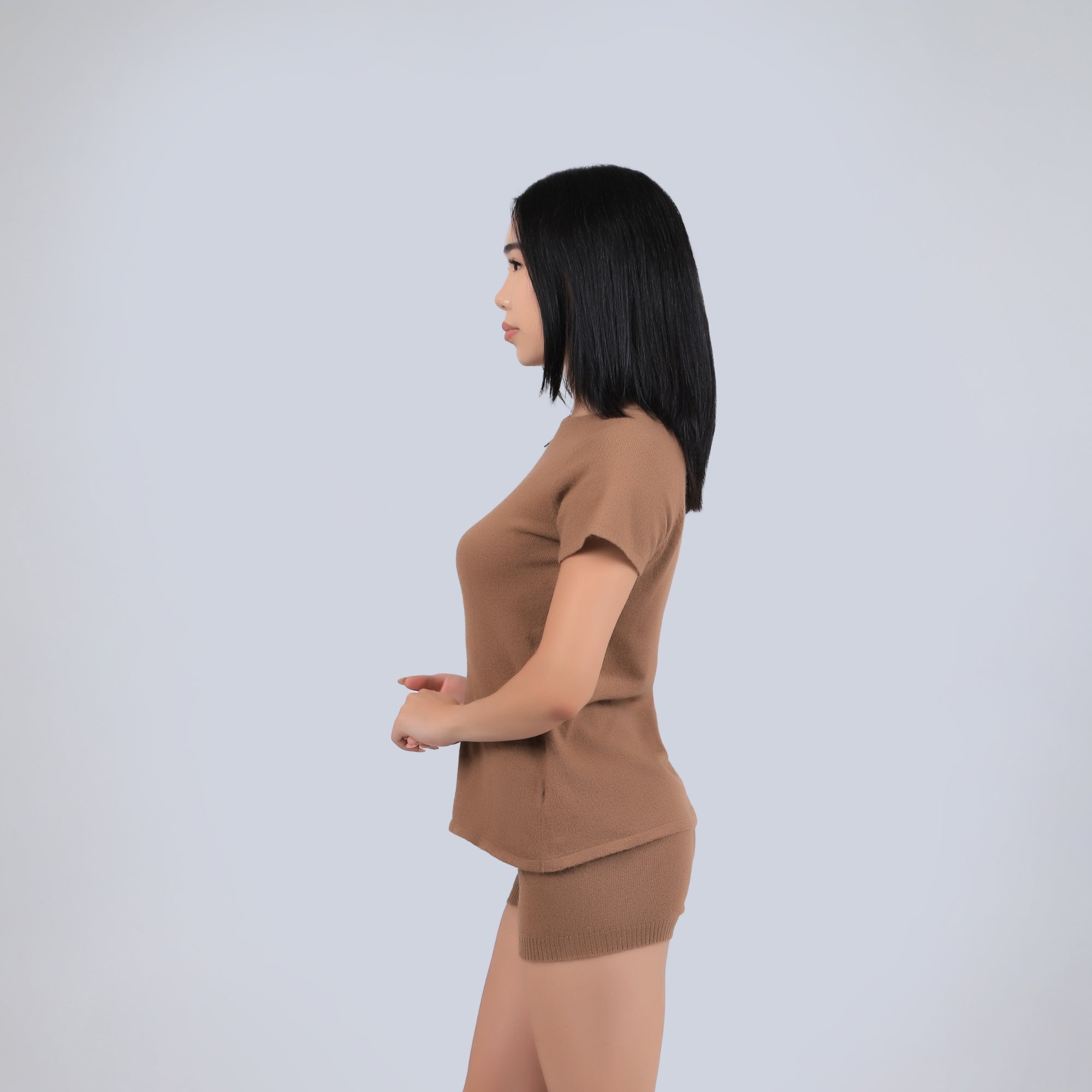 Short-Sleeve Knit Camel Wool Top