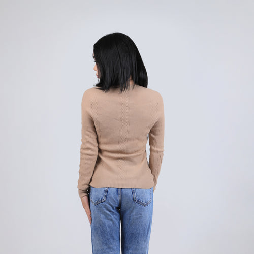 Women's Camel Wool V Neck Sweater - Cable Knit