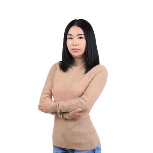 Women's Camel Wool Turtleneck Sweater – Cable Knit