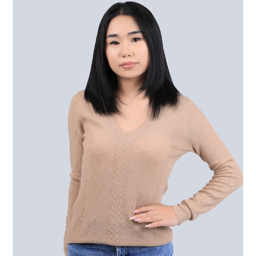 Women's Camel Wool V Neck Sweater - Cable Knit