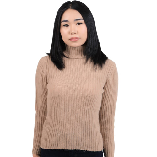 Women's Camel Wool Turtleneck Sweater Ribbed in cream