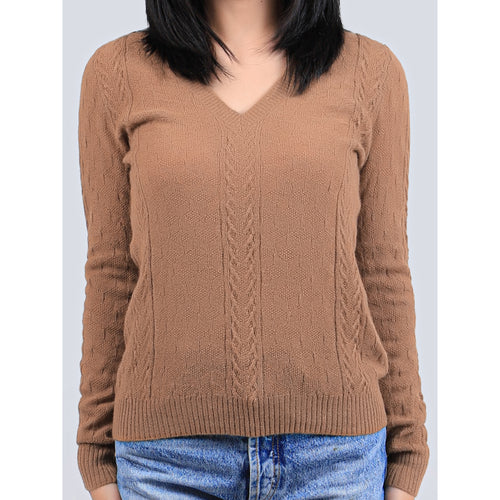 Women's Camel Wool V Neck Sweater - Cable Knit