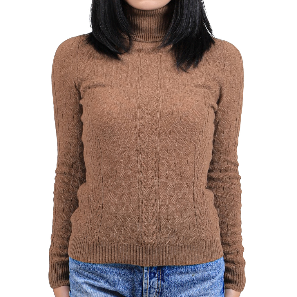 Cable Knit Camel Wool Turtleneck Sweater
