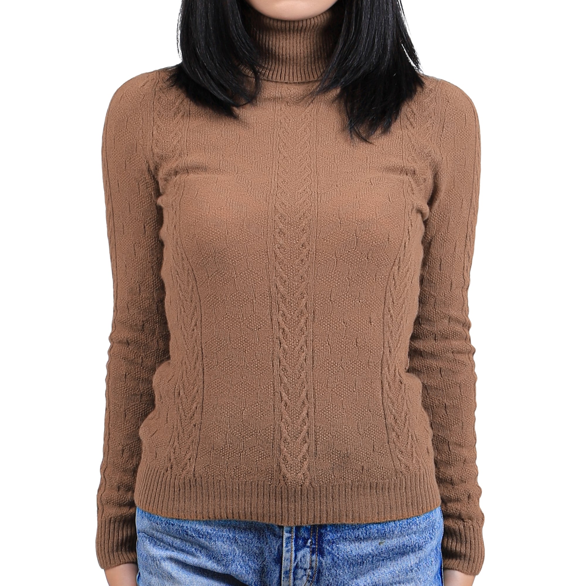 Cable Knit Camel Wool Turtleneck Sweater