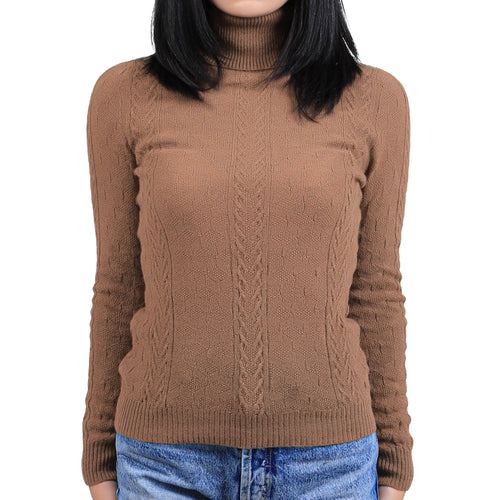 Women's Camel Wool Turtleneck Sweater – Cable Knit