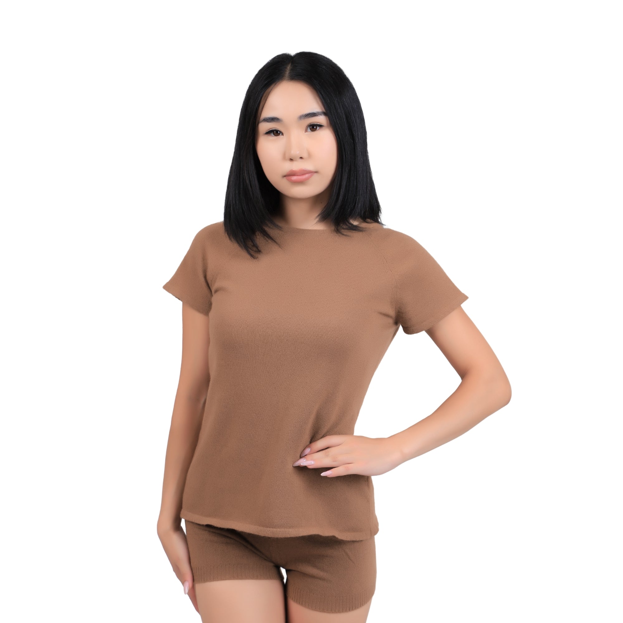 Short-Sleeve Knit Camel Wool Top