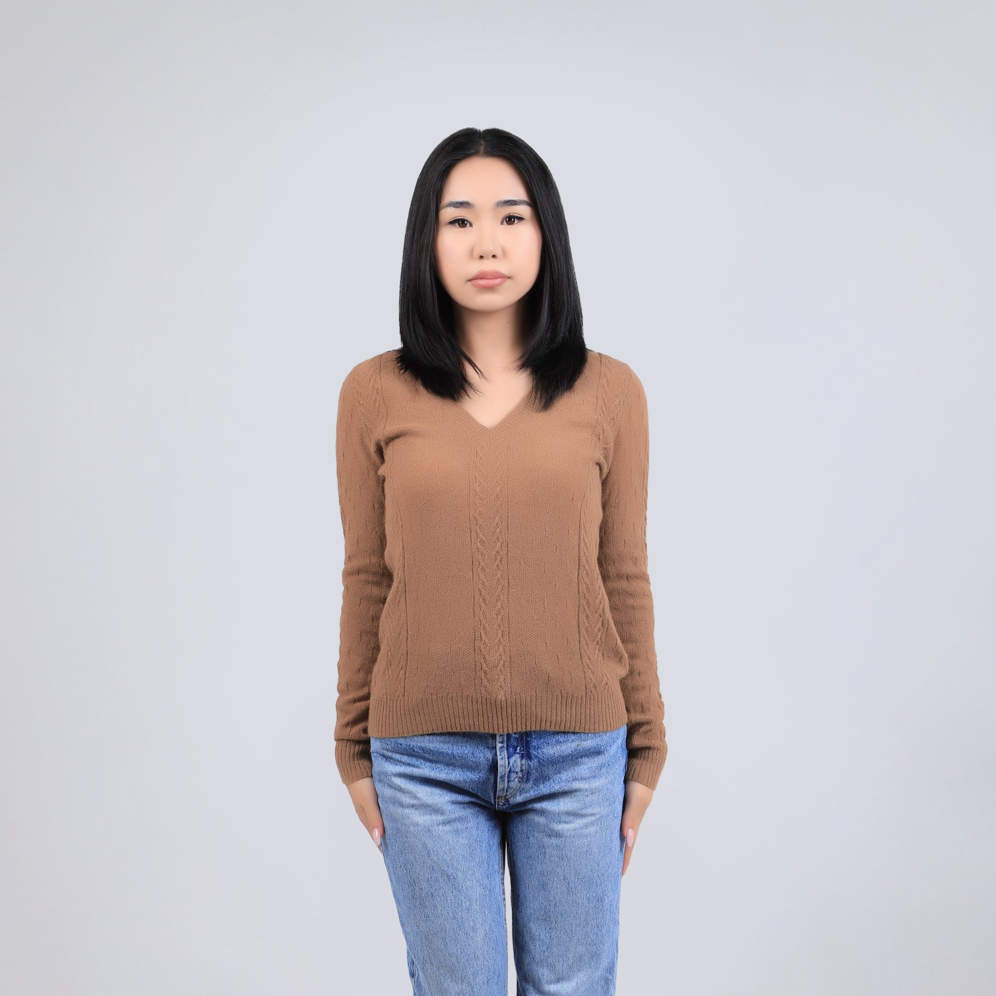 Cable Knit V Neck Wool Sweater