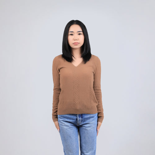 Women's Camel Wool V Neck Sweater - Cable Knit