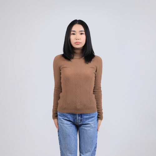 Women's Camel Wool Turtleneck Sweater – Cable Knit