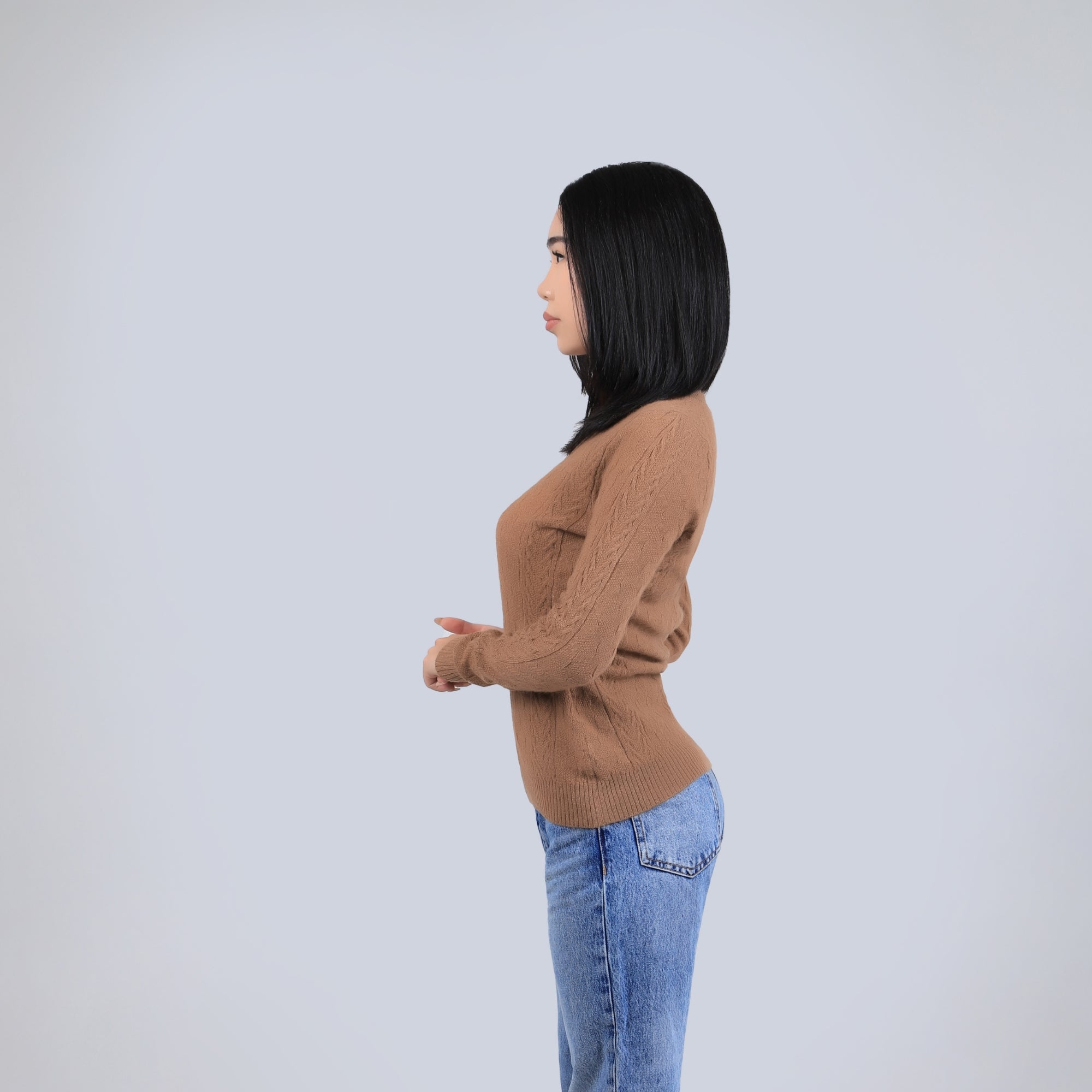 Cable Knit V Neck Wool Sweater