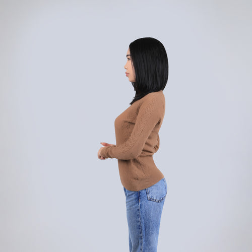 Women's Camel Wool V Neck Sweater - Cable Knit