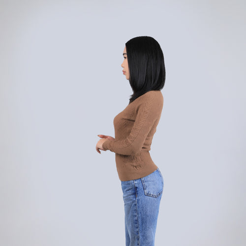 Women's Camel Wool Turtleneck Sweater – Cable Knit