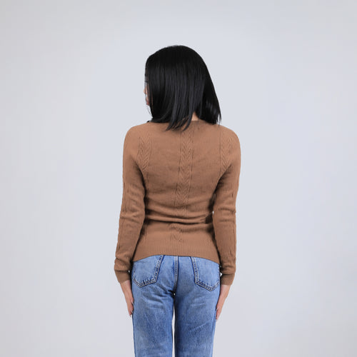 Women's Camel Wool V Neck Sweater - Cable Knit
