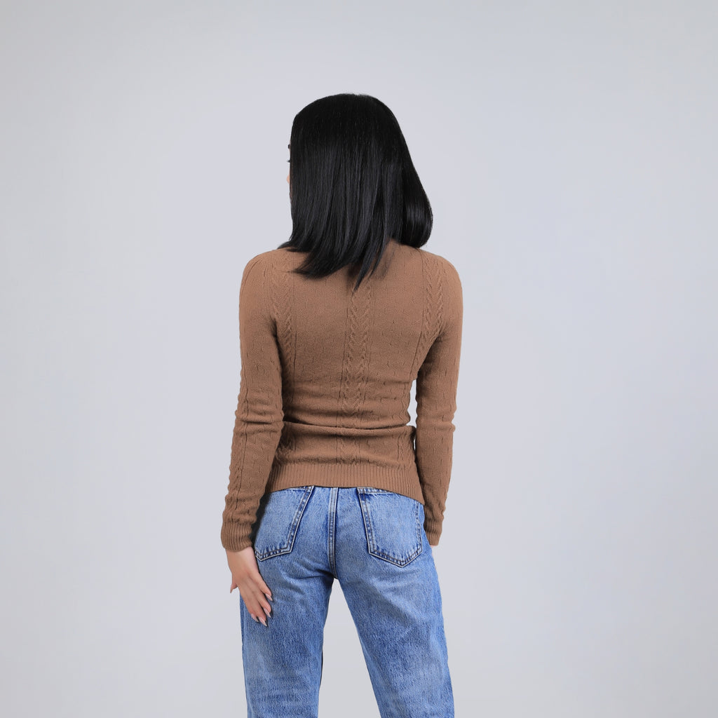 Cable Knit Camel Wool Turtleneck Sweater