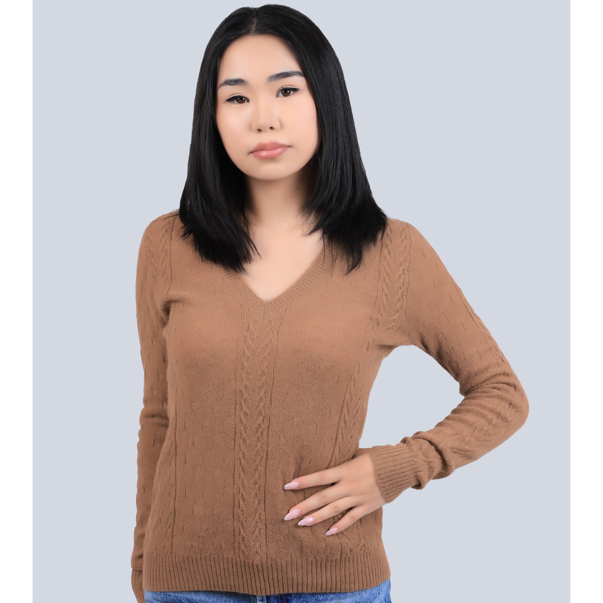 Cable Knit V Neck Wool Sweater