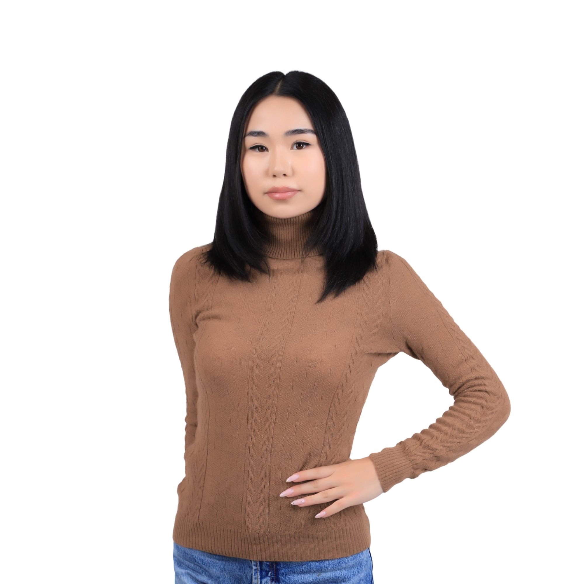 Cable Knit Camel Wool Turtleneck Sweater