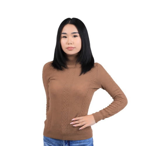 Women's Camel Wool Turtleneck Sweater – Cable Knit