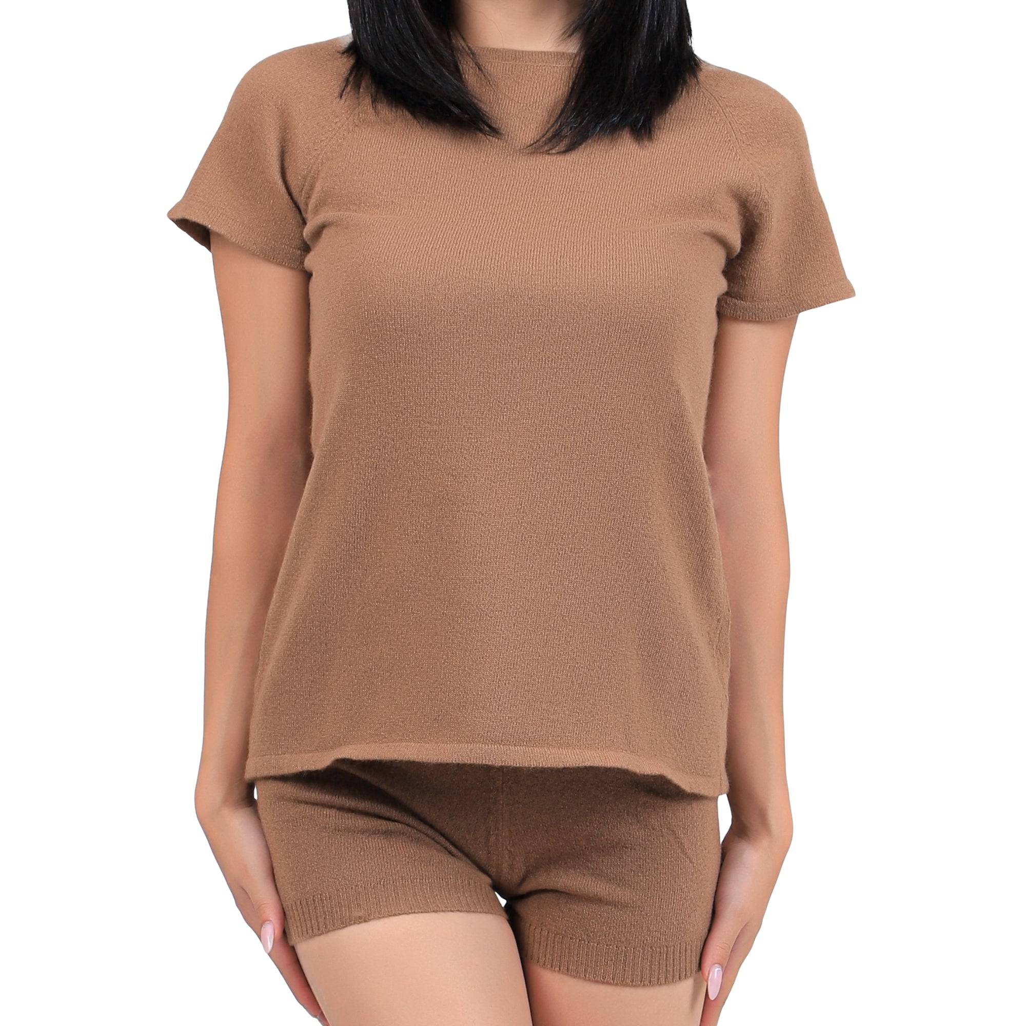 Short-Sleeve Knit Camel Wool Top