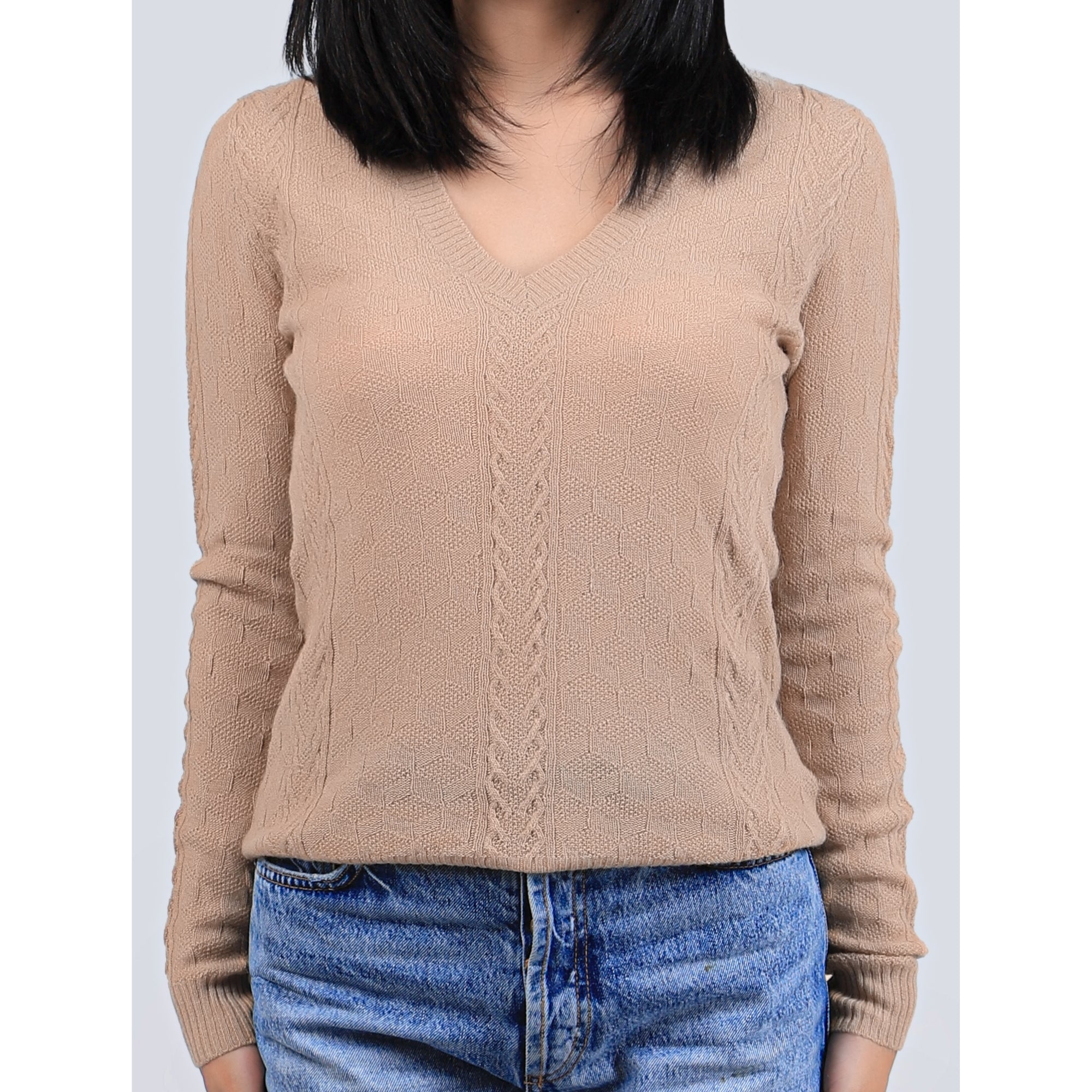 Cable Knit V Neck Wool Sweater