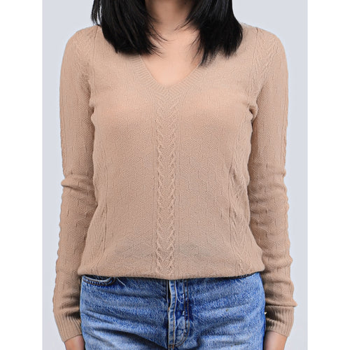 Women's Camel Wool V Neck Sweater - Cable Knit