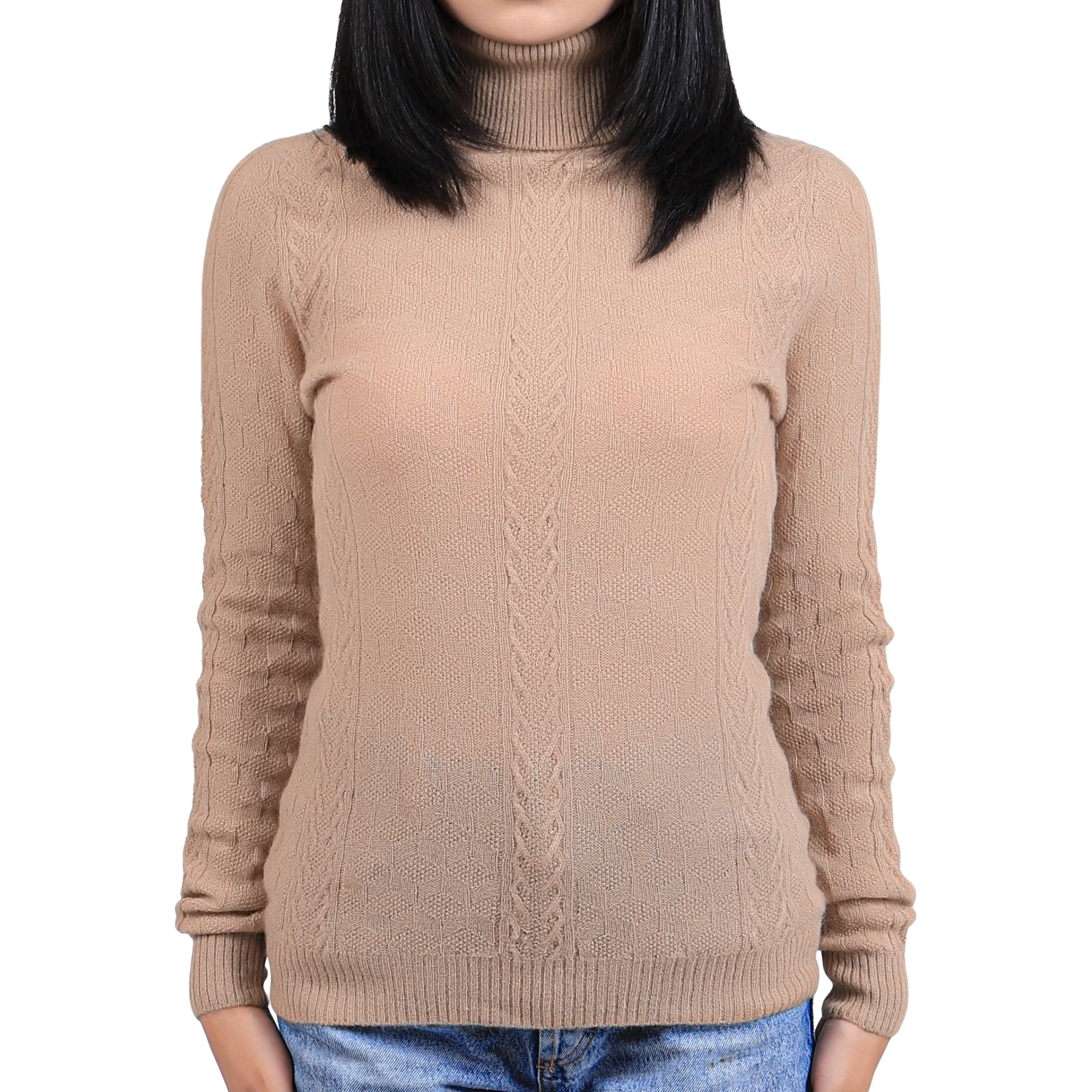 Cable Knit Camel Wool Turtleneck Sweater