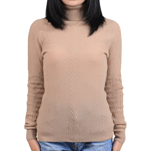 Women's Camel Wool Turtleneck Sweater – Cable Knit