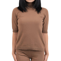 Short-Sleeved Camel Wool Turtleneck Knit Top