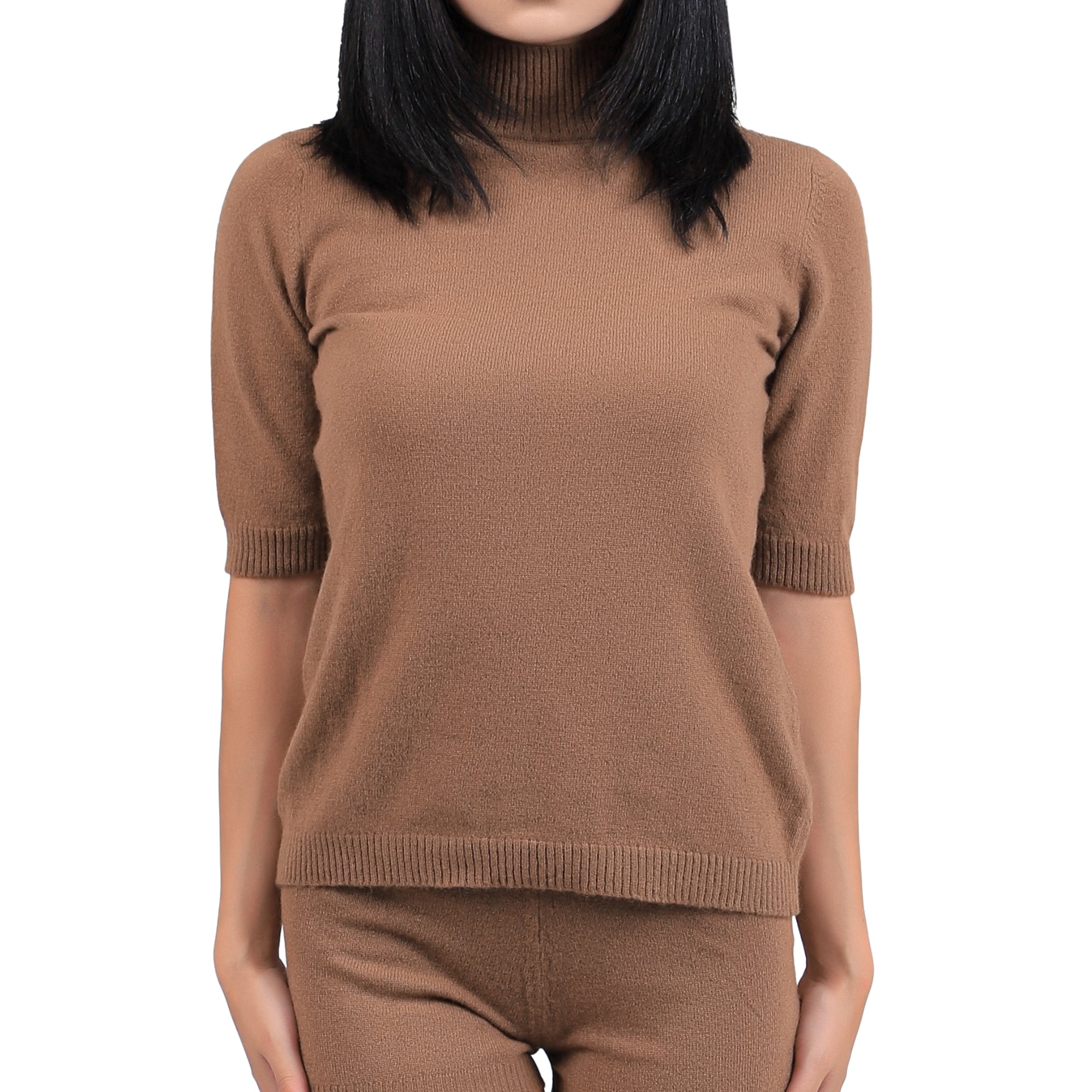 Short-Sleeved Camel Wool Turtleneck Knit Top