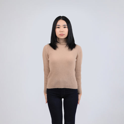 Women's Camel Wool Turtleneck Sweater – Ribbed