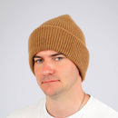 Gobi Grace unisex baby camel wool beanie in beige, front view