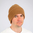 Beige baby camel wool beanie, side view