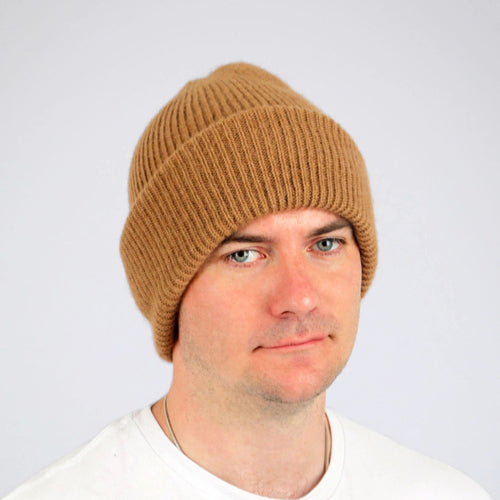 Beige baby camel wool beanie, side view