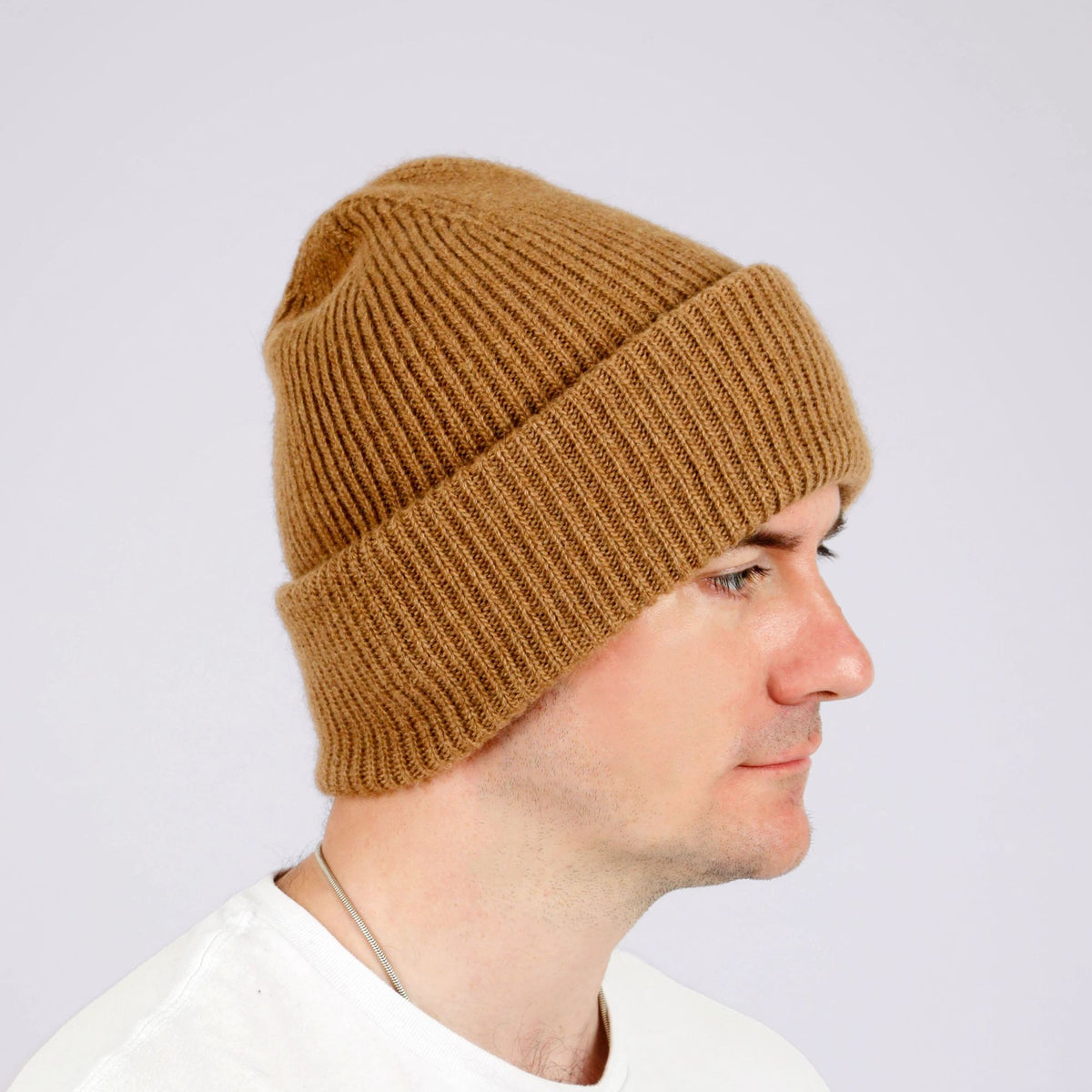 Chunky rib baby camel wool beanie showing deep fold-over cuff