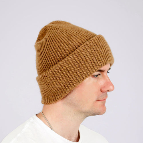 Chunky rib baby camel wool beanie showing deep fold-over cuff