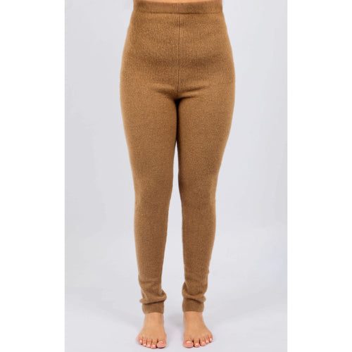 Women's baby camel wool stretch knit leggings in beige, front view