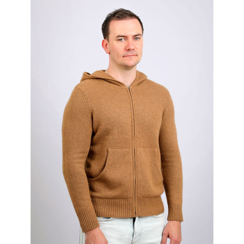 Men's camel wool hoodie with knit hood, three-quarter view