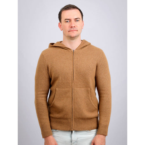 Gobi Grace men's baby camel wool zip hoodie, front view