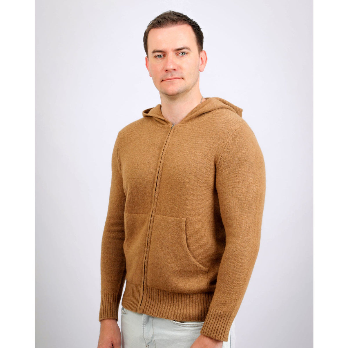 Back view of men's baby camel wool full zip hoodie