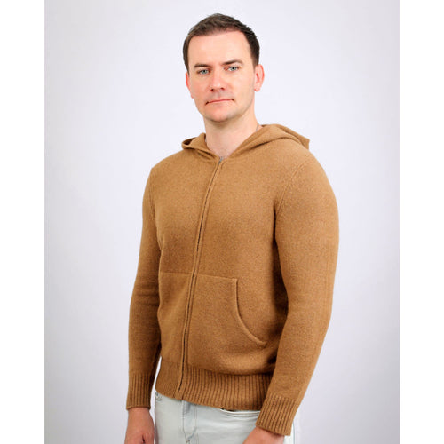Back view of men's baby camel wool full zip hoodie