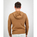 Detail of knit hood and zip on baby camel wool hoodie