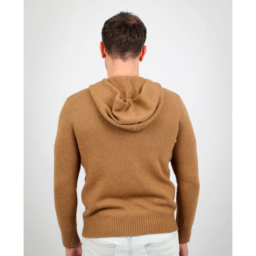 Detail of knit hood and zip on baby camel wool hoodie