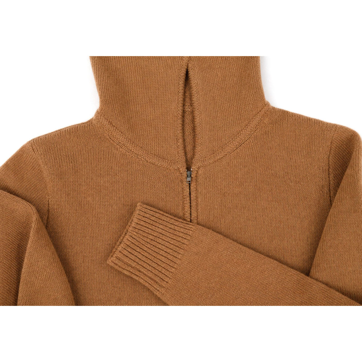 Men's baby camel wool full zip hoodie laid flat
